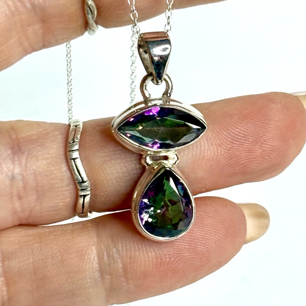 Mystic Topaz Mushroom Shaped Gemstone Pendant Sterling Silver on 18 inch Chain